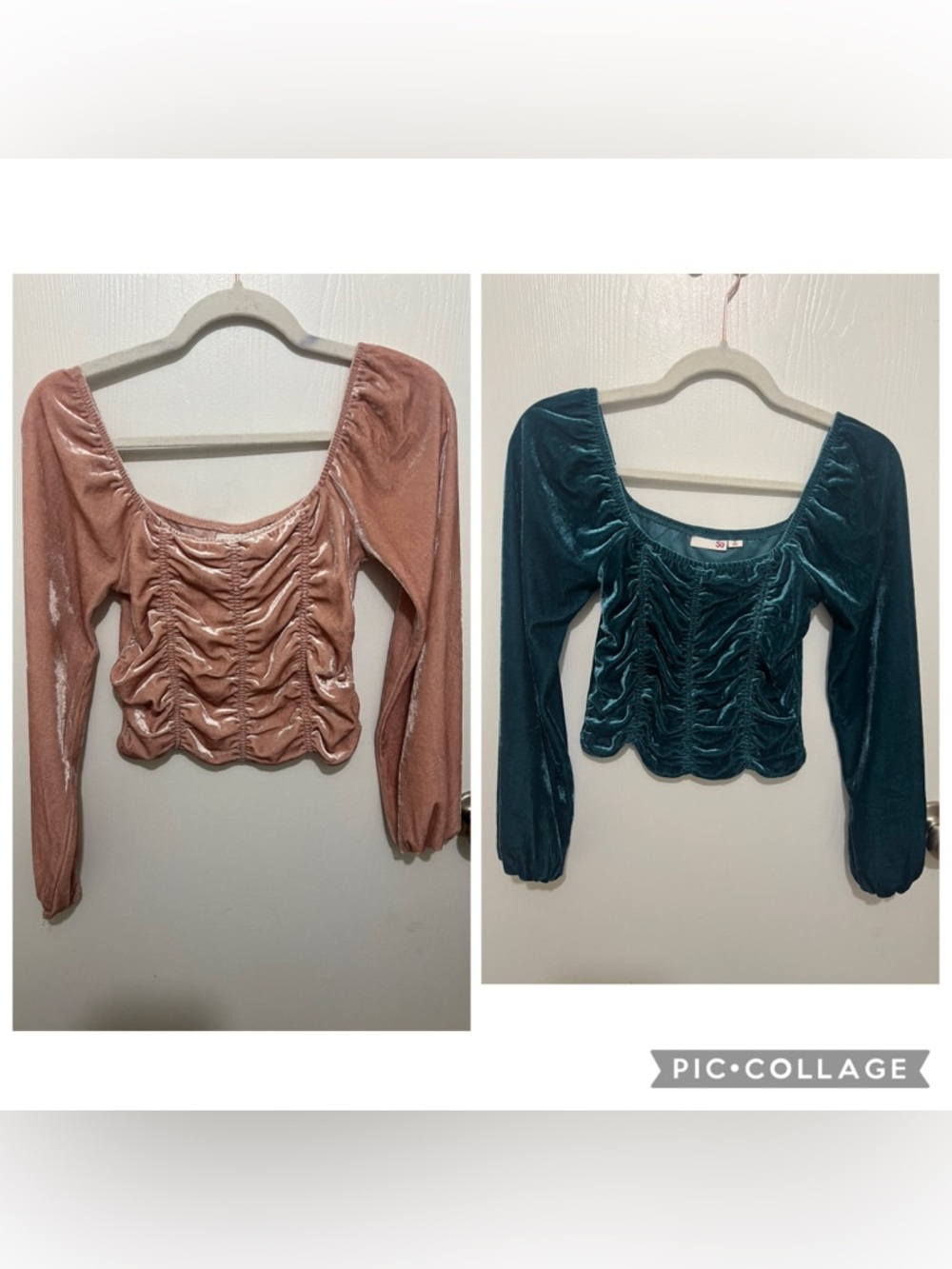 Velvet Ruched Long-Sleeve Scoop Neck Top - Pink Teal